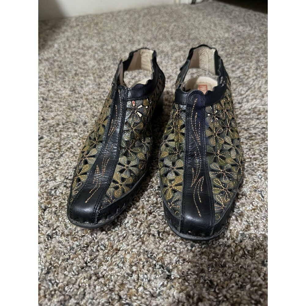 Pikolinos Womens 37 Black Leather Floral Cutout Slingback Shoes Spain Boho